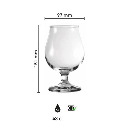 Infographic toont productafmetingen van Breughel bierglas 48 cl., met hoogte en diameter in detail.