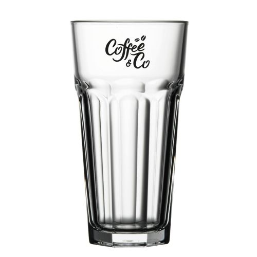 Eénkleurige bedrukking met CoffeeCo-logo op voorzijde van Casablanca bierglas 47.5 cl., duidelijk gepositioneerd.