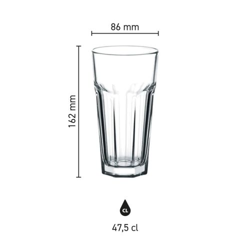 Infographic met afmetingen van Casablanca bierglas 47.5 cl., toont hoogte en diameter in technische tekening.