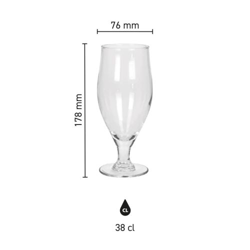 Infographic met productafmetingen van het Cervoise bierglas 38 cl., inclusief diameter en hoogte.