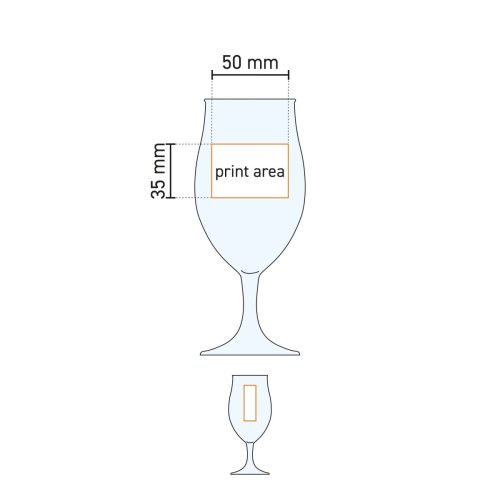 Technische werktekening van het Bierglas Executive 26 cl. met markering van het mogelijke drukgebied.