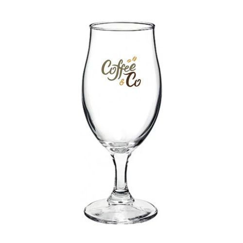 CoffeeCo-logo in meerdere kleuren gedrukt op een Executive bierglas van 38 cl., zichtbaar op de voorzijde.