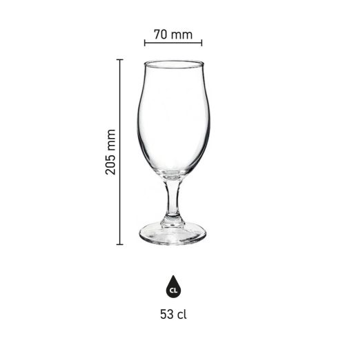 Infographic met productafmetingen van het Executive bierglas 53 cl. zoals hoogte en diameter.