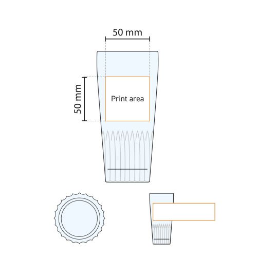 Technische werktekening van bierglas Gaetan 32 cl. met aanduiding van drukgebied.