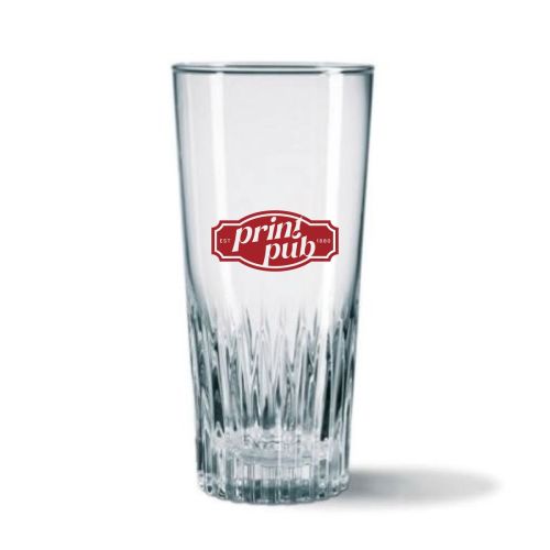 Eénkleurig PrintPub-logo op voorzijde van bierglas Gaetan 32 cl. helder zichtbaar.