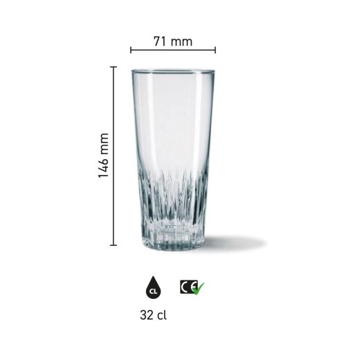 Infographic met afmetingen van bierglas Gaetan 32 cl., inclusief hoogte en diameter.