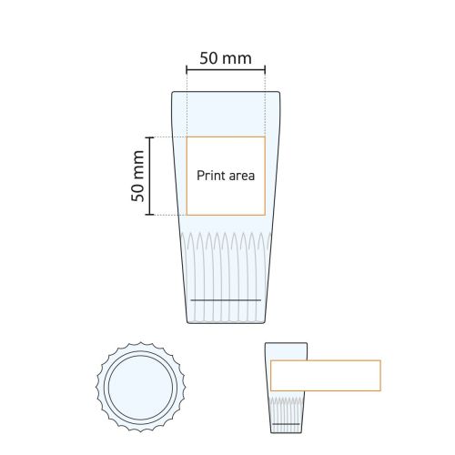 Technische werktekening van bierglas Gaetan 40 cl. met aanduiding van drukgebied.