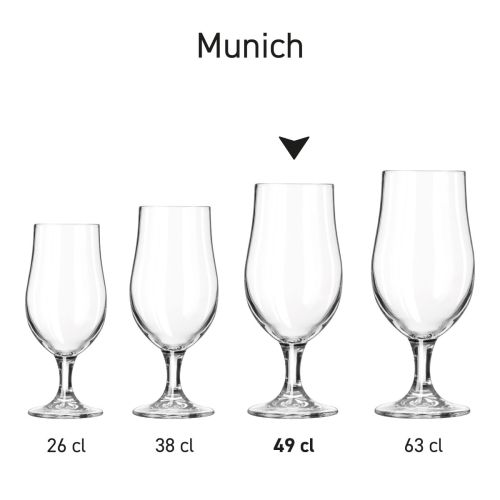 Serieafbeelding van bierglazen op voet Munich opgesteld in een rechte lijn.