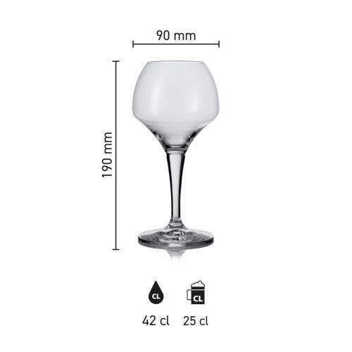 Afbeelding met de afmetingen van het Norbert bierglas 42 cl., met nadruk op inhoud en hoogte.