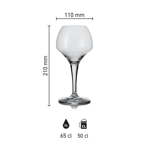 Infographic met productafmetingen van bierglas Norbert 65 cl., inclusief hoogte, diameter en inhoud.