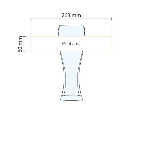 Technische werktekening met aanduiding van het drukgebied op het Pantheon bierglas 50 cl. TAPMAAT formaat.