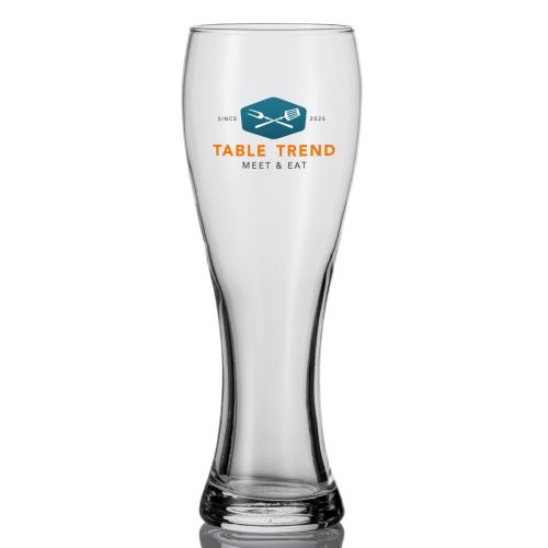 Vooraanzicht van Pantheon 50 cl. TAPMAAT glas met full-colour TableTrend-logo op het midden van het glas.