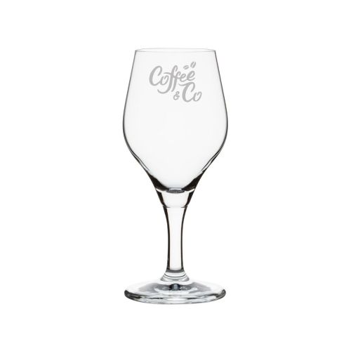 Gravure van het CoffeeCo-logo op het vooraanzicht van het Ronceva proefglas 25 cl.