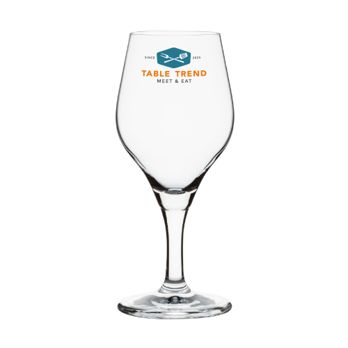 Vooraanzicht van glas Ronceva 40 cl. met kleurrijk gedrukt TableTrend-logo.