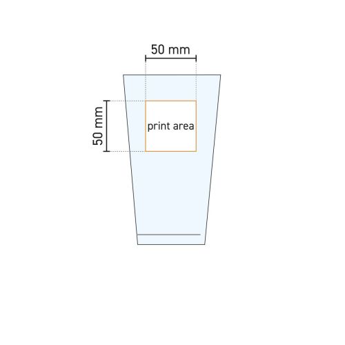 Technische werktekening van het Sestriere bierglas 39 cl. met aanduiding van drukgebied op het glas.