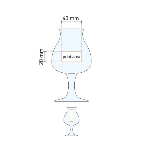 Technische werktekening van het drukgebied op het bierglas Specials Tasting 25 cl.