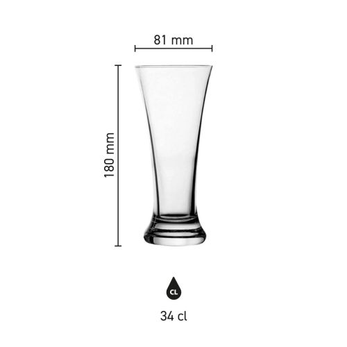 Maatvoering van het Tuborg bierglas 34 cl. weergegeven in een infographic met schaalverdeling.