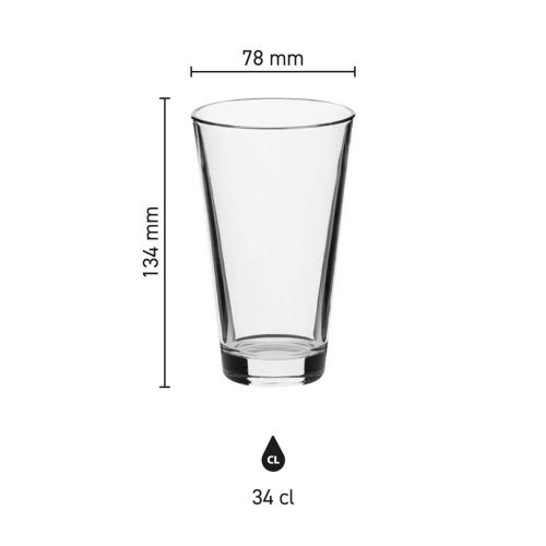 Productafmetingen van het bierglas Vaasje 34 cl. weergegeven in een technische infographic.