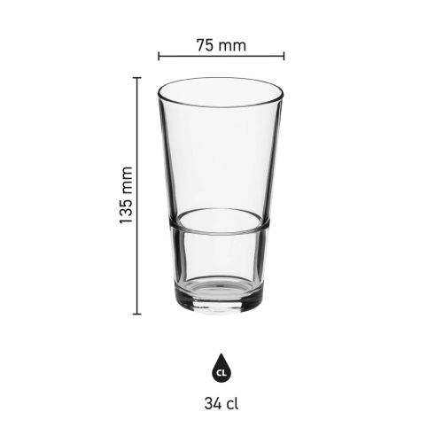 Infographic met maatvoering van het bierglas Vaasje Stapel 34 cl. inclusief diameter en hoogte.