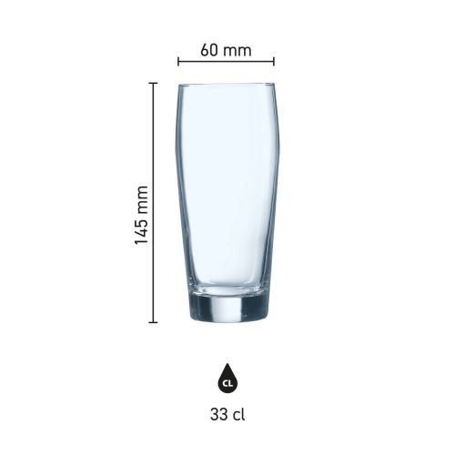 Infographic van het bierglas Willy horeca 33 cl. met hoogte, diameter en inhoud.