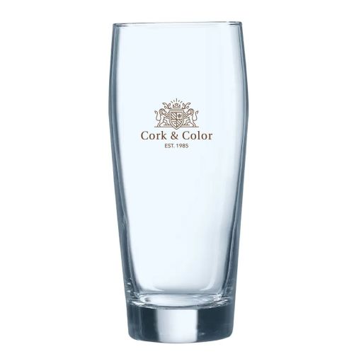 Bierglas Willy 40 cl. bedrukt met éénkleurig CorkColor-logo op de voorzijde van het glas.