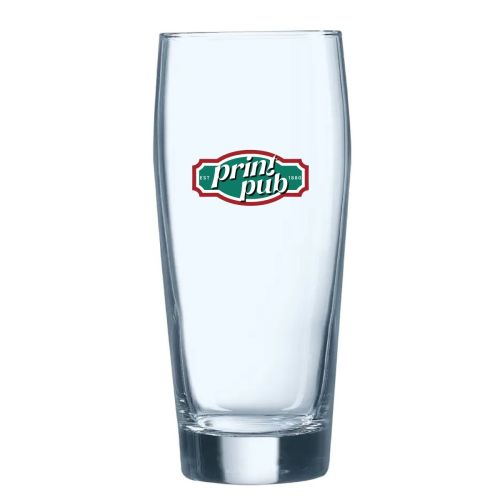 Vooraanzicht van het bierglas Willy 40 cl. met meerkleurig PrintPub-logo in meerdere kleuren gedrukt.