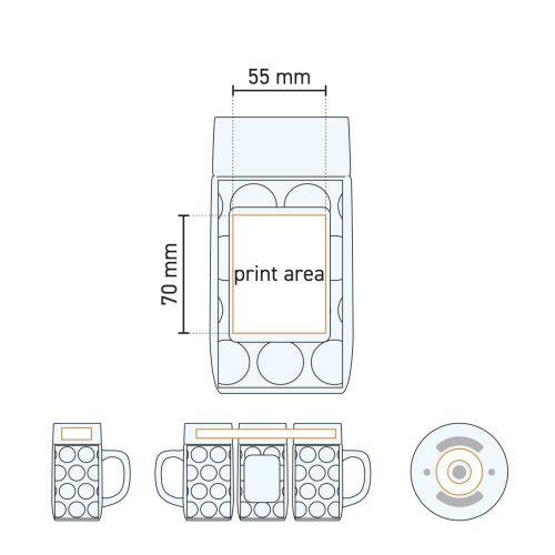 Technische werktekening van het drukgebied op de Don bierpul 100 cl voor logobedrukking.