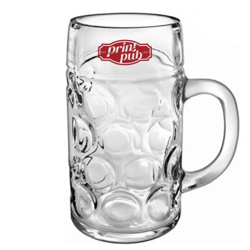 Don bierpul 100 cl bedrukt met rood PrintPub-logo in één kleur op de voorzijde van het glas.