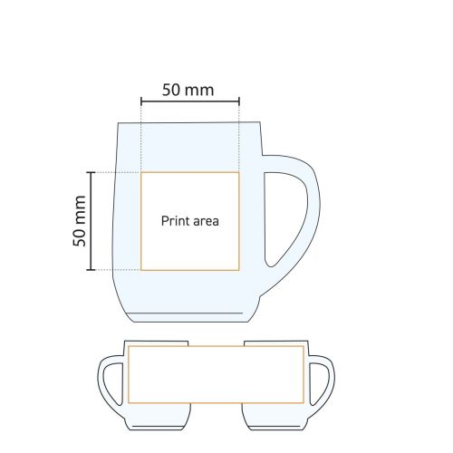 Technische werktekening van de Hayworth bierpul 28 cl. met aanduiding van het drukgebied.