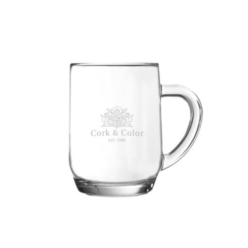 Gravure van CorkColor-logo op voorzijde van de Hayworth bierpul 28 cl., helder glas.