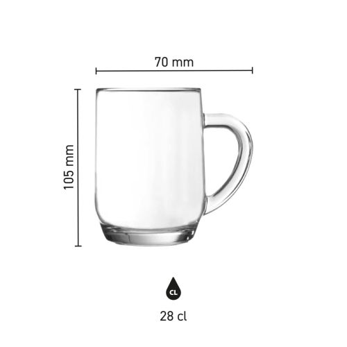 Infographic met productafmetingen van de Hayworth bierpul 28 cl., inclusief hoogte en diameter.
