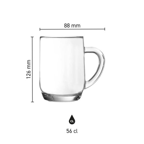 Infographic met technische afmetingen van de Hayworth bierpul 56 cl., inclusief inhoud en hoogte.