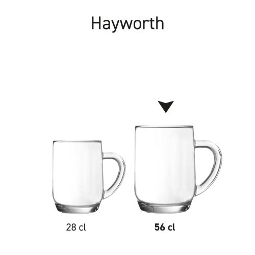 Serieoverzicht van glazen Hayworth bierpullen 56 cl. in verschillende uitvoeringen.