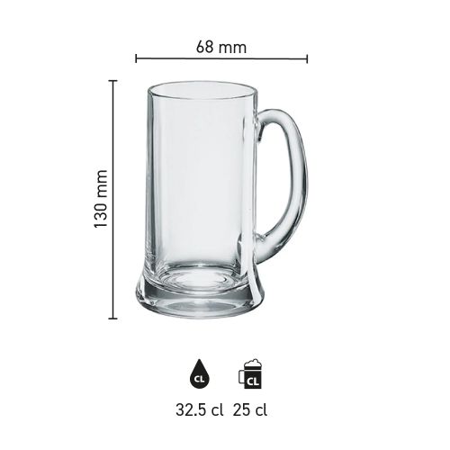 Infographic toont afmetingen van de glazen bierpul Icon 25 cl TAPMAAT met maatstrepen.