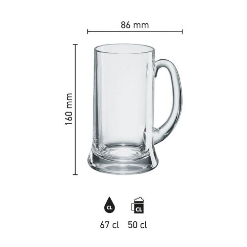 Infographic met productafmetingen van de Icon bierpul 50 cl., inclusief inhoudslijn.