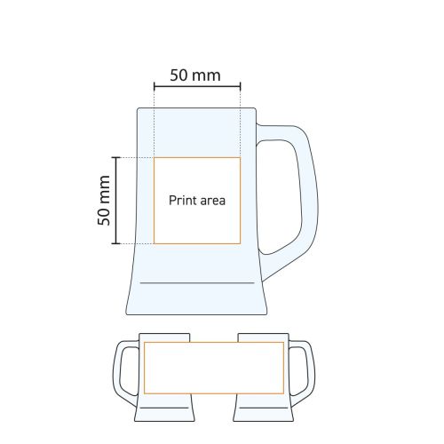 Drukgebiedtekening geeft exacte bedrukkingszones aan op de Maxim 28 cl. glas.