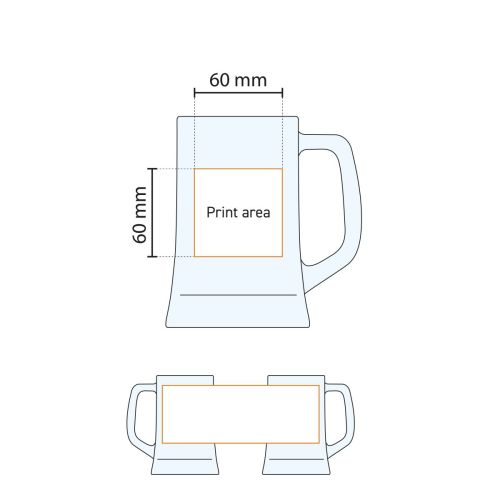 Technische werktekening van drukgebied op bierpul Maxim 50 cl. voor logoplaatsing.