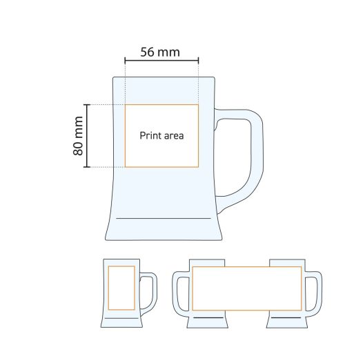 Technische werktekening van bierpul Maxim 68 cl., met aanduiding van drukgebied voor bedrukking.