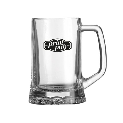 Bierpul Maxim 68 cl. met zwart logo van PrintPub op de voorzijde, bedrukt in één kleur.