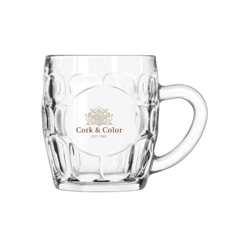 Bedrukking in meerdere kleuren van CorkColor-logo op de voorzijde van bierpul 55 cl.