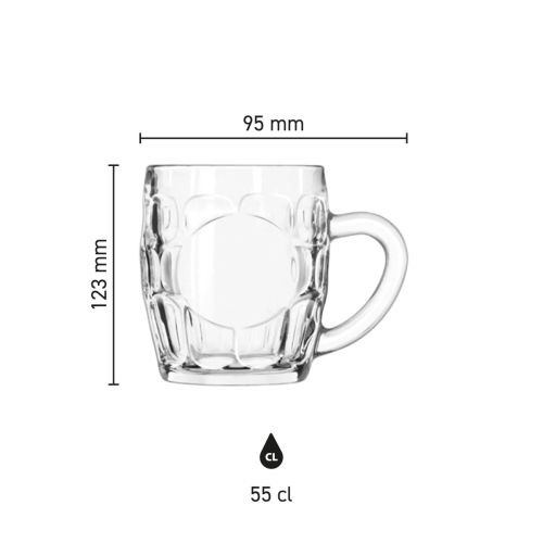 Infographic met hoogte, diameter en inhoudsmaat van de bierpul Oktober 55 cl. van glas.