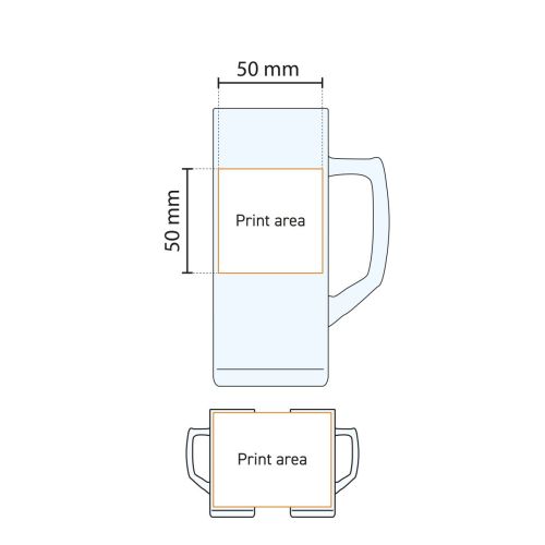 Drukgebied en bedrukkingspositie van de Reno bierpul 30 cl. weergegeven in werktekening.