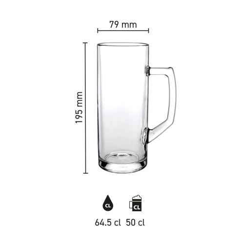 Infographic met technische afmetingen van de Reno bierpul 50 cl., inclusief tapmaatmarkering.