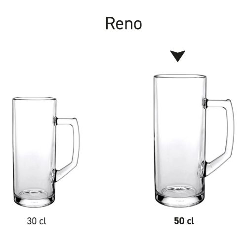 Serieoverzicht van glazen bierpullen Reno 50 cl., gepresenteerd als uniforme reeks.