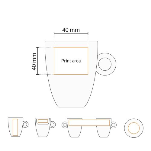 Technische werktekening van het drukgebied op de Bola cappuccino 20 cl. set vanporselein.