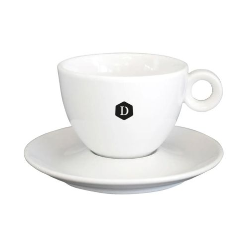 Porseleinen Bola cappuccino wit 20 cl. set met éénkleurig DailyDrinks-logo op de voorzijde.