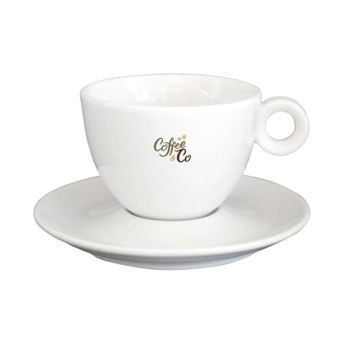 Bola cappuccinoset 20 cl. van porselein met meerkleurig CoffeeCo-logo op kopje gedrukt.
