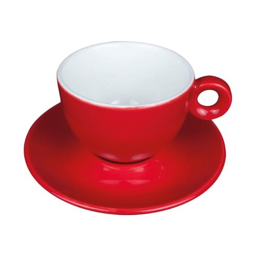 Vooraanzicht van Bola cappuccino rood-wit 20 cl. set van porselein, met afgeronde vorm.