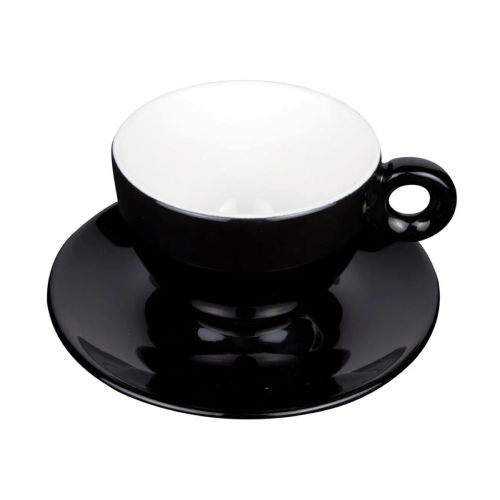 Vooraanzicht van Bola cappuccino zwart-wit 20 cl. set van porselein, met afgeronde vorm.