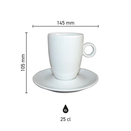 Infographic met productafmetingen van Bola cappuccino 20 cl. set van porselein.